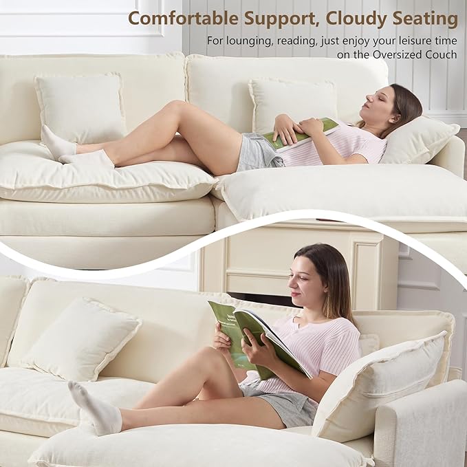 Oversized Modular Sectional Sofa Large U Shaped Couch with Deep Seat Chenille Cloud Couches for Living Room Convertible 6 Seater Sectional Sofa for Spacious Space Beige White
