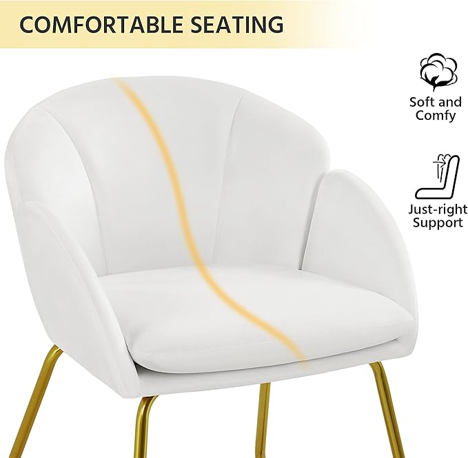 Yaheetech Modern Velvet Vanity Chair Armchair Flower Shaped Makeup Chair with Golden Metal Legs for Living Room/Makeup Room/Bedroom/Home Office/Kitchen White