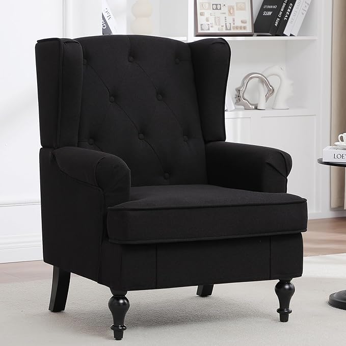 Accent Chair Set of 2 Mid Century Modern Fabric Wingback Chair Upholstered Armchair with High Back and Vintage Legs Comfy Single Sofa Side Reading Chair for Living Room Bedroom Black