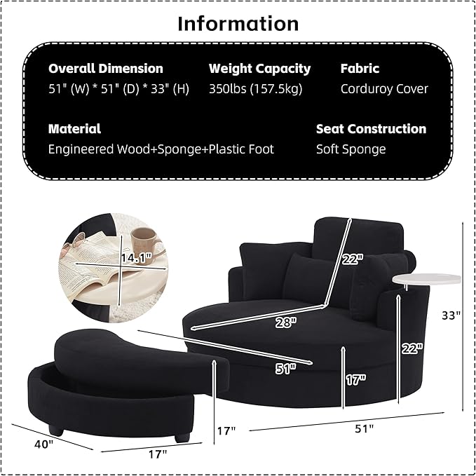 Yoglad Oversized Round Swivel Accent Chair - 360 Degree Chairs with Ottoman Armrest Tray Ideal for Living Room Bedroom(Corduroy Black)
