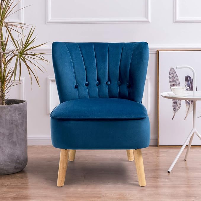 Giantex Modern Velvet Accent Chair Small Upholstered Leisure Sofa Chair w/Wood Legs Thickly Padded and Button Tufted Armless Wingback Club Chairs for Living Room Bedroom Furniture (1 Blue)