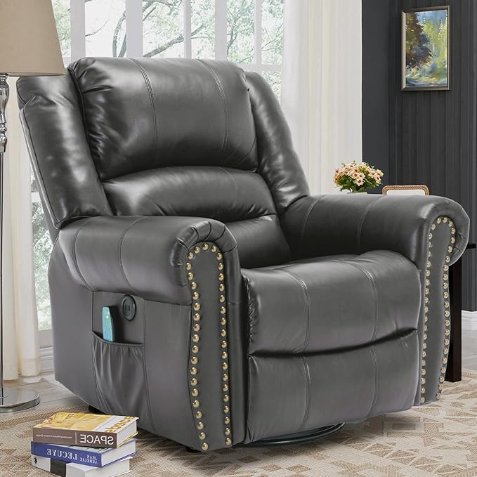 VIVIJASON Massage Swivel Rocker Recliner Chair with Heat &amp Vibration 360° Swivel Manual Glider Rocking Reclining Chair with Remote Control Side Pockets &amp USB Ports for Living Room Gray