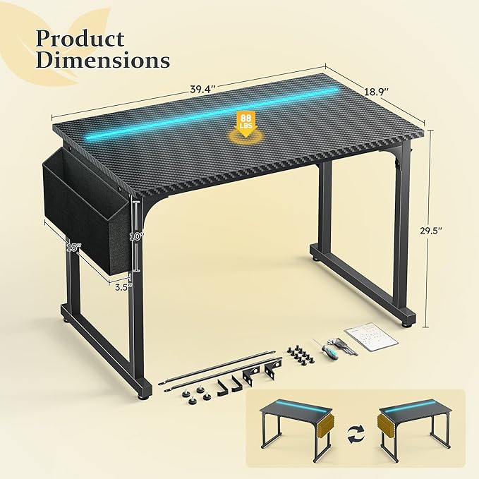 40 Inch Computer Desk with LED Lights for Small Spaces Office Desk for Home Office Study Desk Writing Table with Storage Bag Headphone Hook Black