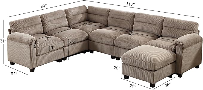 CANMOV Modular Sectional Couches with Ottoman Convertible U Shaped Sofa 7 Seat Sofa Couch with Chaise for Living Room Corduroy Couch Brown