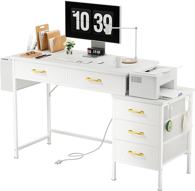 Computer Desk with Charging Station Home Office Desks with Printer Stand PC Table with 5 Fabric Drawers White Desk with Storage Vanity Desk for Small Space White