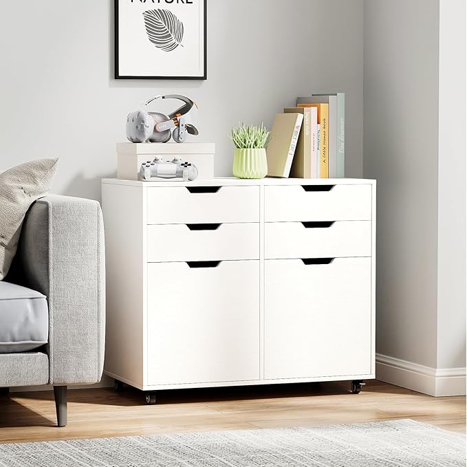 White File Cabinet with 4 Drawers and 2 Doors Under Desk Mobile Storage Organizer Wooden Printer Stand on Wheels 29 Lateral Filing Cabinet for Home Office Living Room