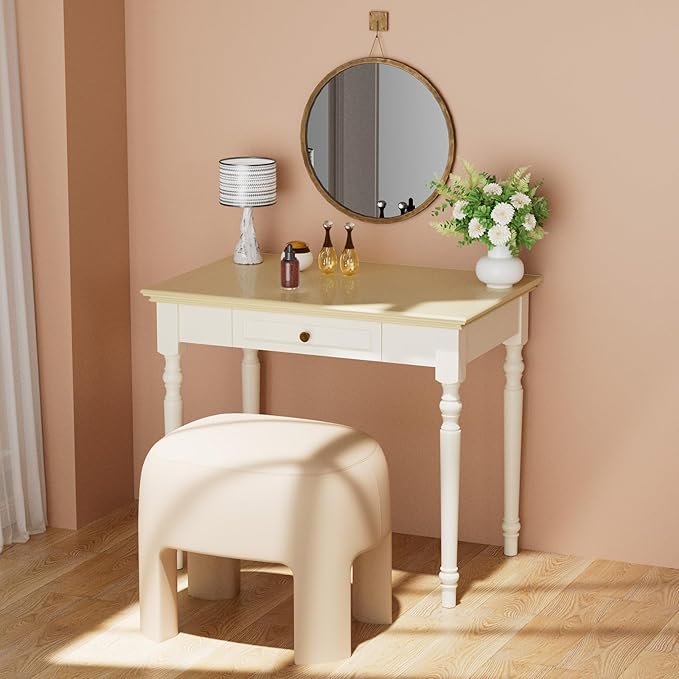 ADORZ French Country Desk 35 Inch Off White Desk with Drawers Solid Wood Writing Desk for Home Office Study Workspace or Bedroom
