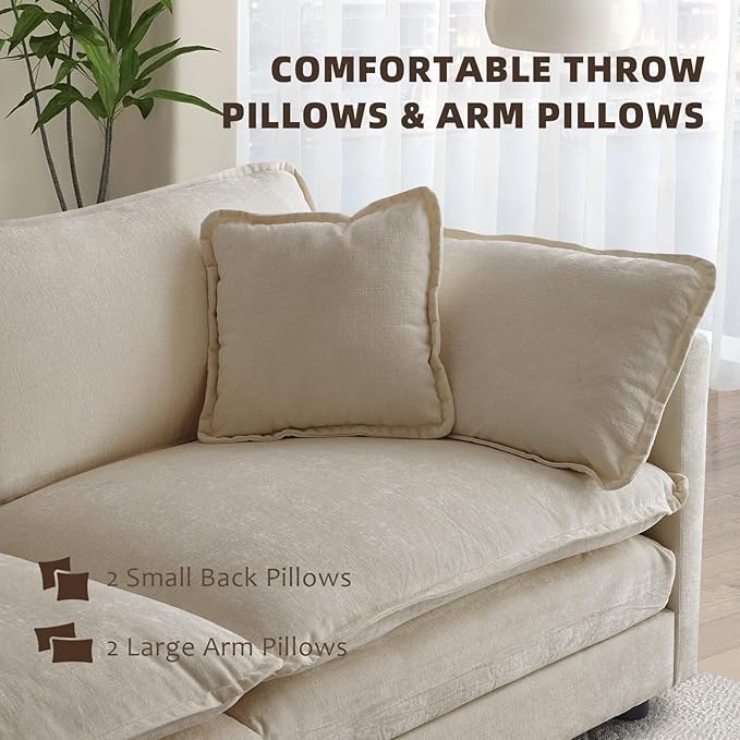 76.7” Modular Sectional Sofa L-Shaped Convertible Couches 2 Seater Chenille Deep Seat Cloud Couch with Pillows and 1 Ottoman for Living Room Apartment Office(Khaki)