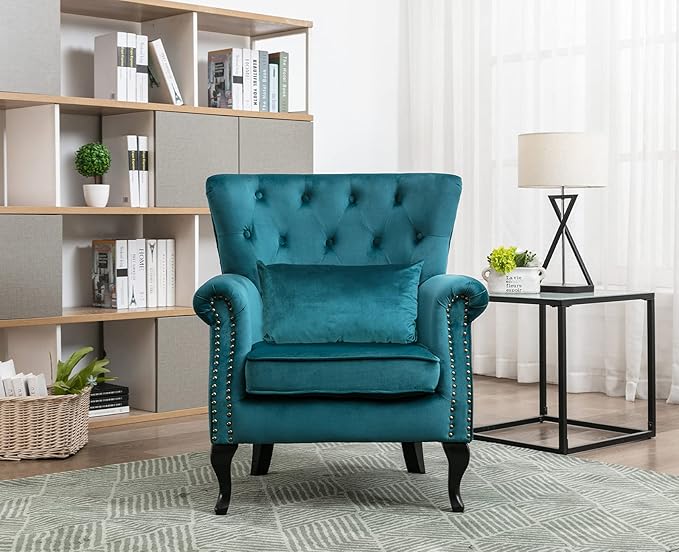 Kmax Velvet Club Chair Tufted Throne Chair Mid Century Accent Wingback Chair Padded Seating Wood Legs Home Club Bedroom Living Room Teal Blue