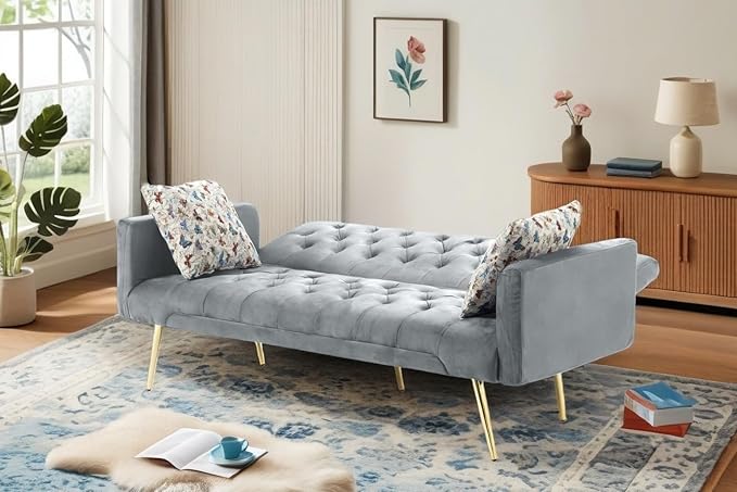 Futon Sofa Bed Convertible Futon Couch with Adjustable Backrest 68.31” Folding Sofa Bed with 2 Pillows &amp Metal Legs Sleeper Loveseat with Armrest for Home Office Dark Gray
