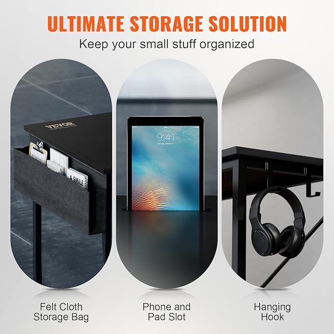 VEVOR L Shaped Computer Desk 47' Corner Desk with Storage Shelves Bag Phone Slot and Headphone Hook L Shaped Office Desk Gaming Desk for Home Office Workstation Black