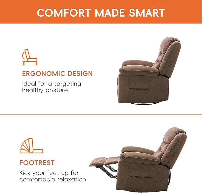 Power Swivel Rocker Recliner with Massage and Heat USB Port Infinite Position Oversized Electric Glider Rocking Chairs Living Room Soft Fabric Reclining Sofa Chair(Mocha)