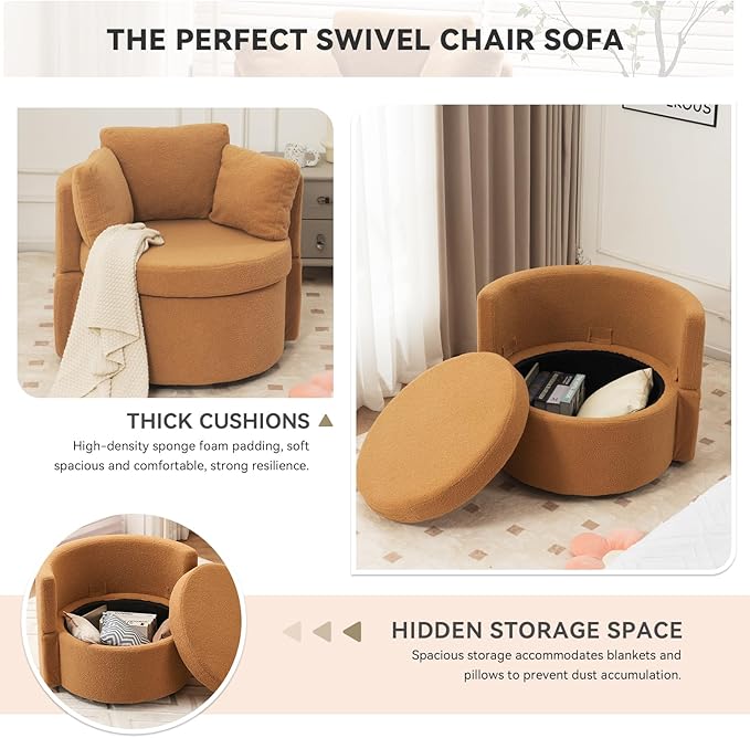 FOXHUNTER Swivel Barrel Chair 360 Degree Swivel Round Storage Chair with 3 Pillows Oversize Teddy Swivel Accent Chair Comfy Single Sofa Chair for Nursery Living Room Bedroom (Khaki)