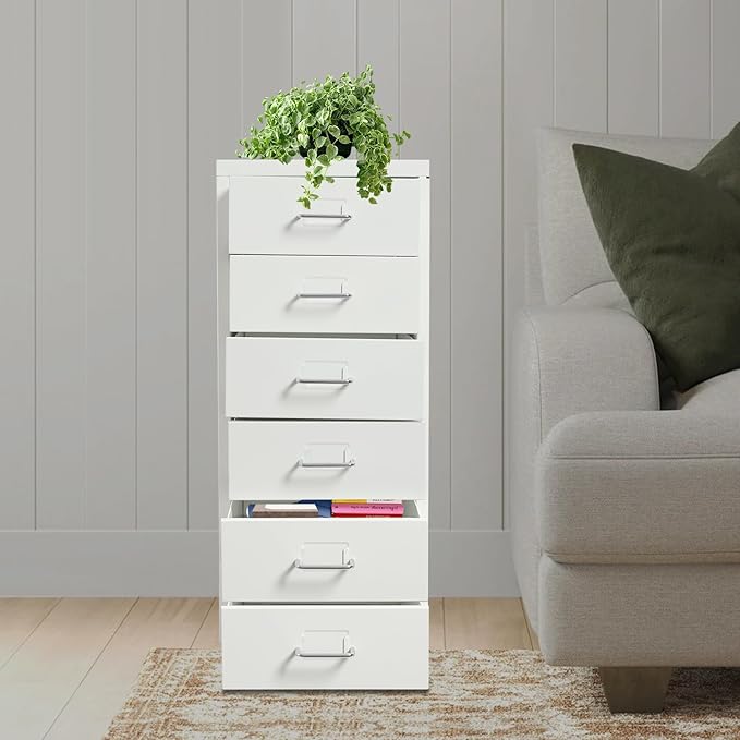 6 Drawers File Cabinet with Lock Rolling Mobile Filing Cabinet with Wheels Under Desk Vertical Filing Cabinet for Office/Home Metal (White)