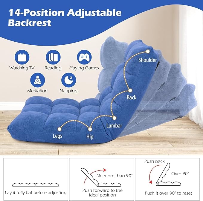 KOMFOTT 14-Position Adjustable Floor Chair with Back Support - Folding Padded Gaming Sofa Chair for Reading Meditation Living Room Lazy Lounge Video Gaming - Blue