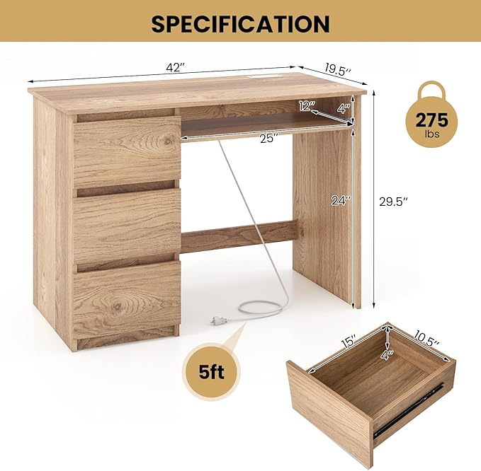 Nightcore 42” Computer Desk with Power Outlets Writing Desk with 3 Storage Drawer &amp Keyboard Modern PC Workstation Study Desk for Bedroom Home Office (Natural)