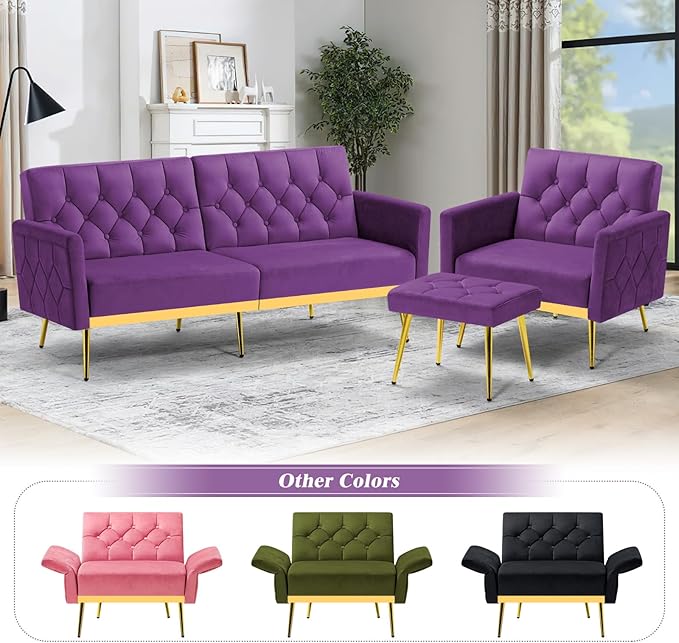 Velvet Accent Chair w/Adjustable Armrests and Backrests Tufted Single Sofa with Ottoman Upholstered Reading Chiar for Living Room Apartment Bedroom Purple
