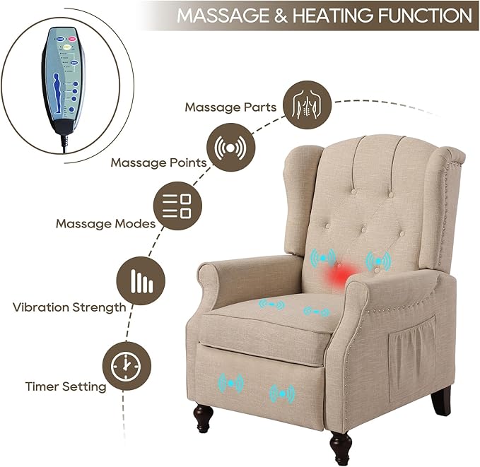 Wingback Recliner Chair with Massage and Heat Tufted Fabric Push Back Arm Chair Recliner Chair for Living Room Bedroom Home Theater (2Beige)