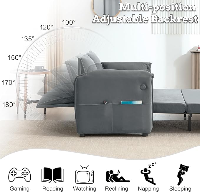 63 Velvet Pull Out Sofa Bed 3-in-1 Convertible Futon Loveseat Queen Sleeper Sofa Couch Bed with Adjustable Backrest USB Ports &amp Side Pockets Modern Sofas for Living Room Apartment Light Grey