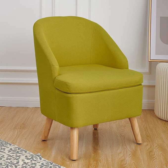 Cute Upholstered Accent Club Green Chair with Barrel Style Cotton Linen Like Fabric Round Single Sofa for Wooden Leg Living Room BedroomLarge
