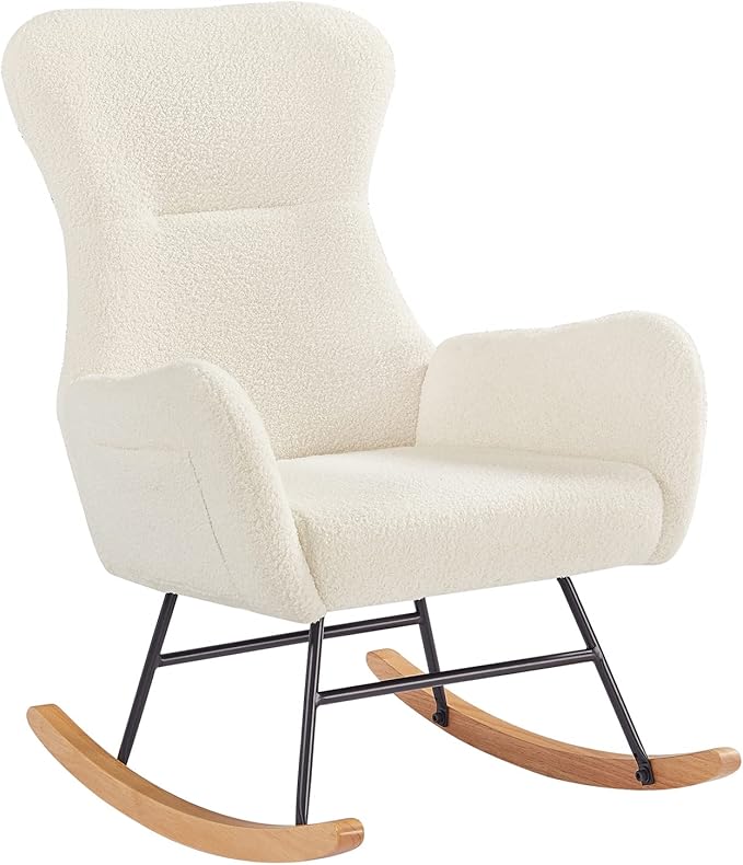 Modern Teddy Fabric Accent Rocking Chair Nursery Upholstered Rocker Glider Chair with High Backrest and Side Pockets for Living Room .(Cream White Teddy Fabric)