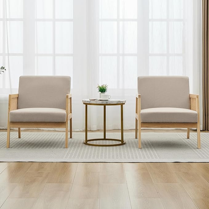 GarveeHome Mid-Century Farmhouse Accent Chair - Wood Armchair with Rattan Backrest &amp Linen Cushion for Living Room Bedroom - Beige Easy Assembly (1 White-A)