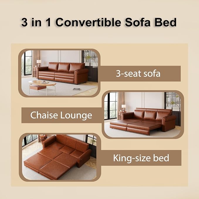 93.7 King Size Chesterfield 3-seat Pull Out Sofa Bed Leather Sofa Bed with Nailhead Trim and Rolled Arm 3-in-1 Sofa Sleeper for Living Room Apartment Office Light Brown