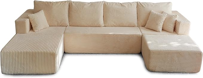 134 Beige Boneless Couch with Ottoman  Sectional Couches for Living Room L Shaped Couch 4 Seat Sofa with Pearl PipingCompression Sofa for Bedroom Comfy  No Assembly Corduroy (134’’ Beige)