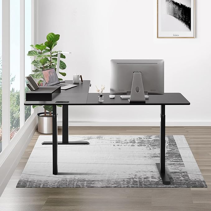 UNICOO L-Shaped Triple Motor Electric Height Adjustable Standing Desk - Gaming &amp Home Office Corner Desk with Easy Touch Control &amp Solid Steel Construction (Black Top/Black Frame - XOT-L3E-BB