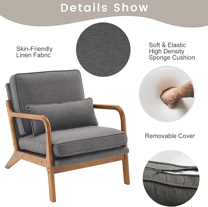 Accent Chair for Living Room Mid-Century Modern Upholstered Armchair with PillowReading Arm ChairComfy Accent Chair for Bedroom