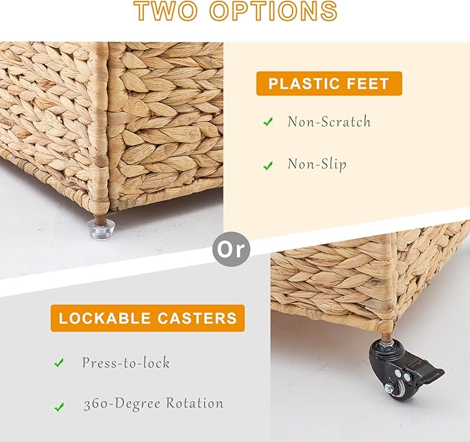 Rolling File Cabinet Basket with Smooth Rubber Casters Water Hyacinth Mobile File Organizer with Metal Frame for Home Office Fits Letter &amp Legal Hanging File Folders (Natural)