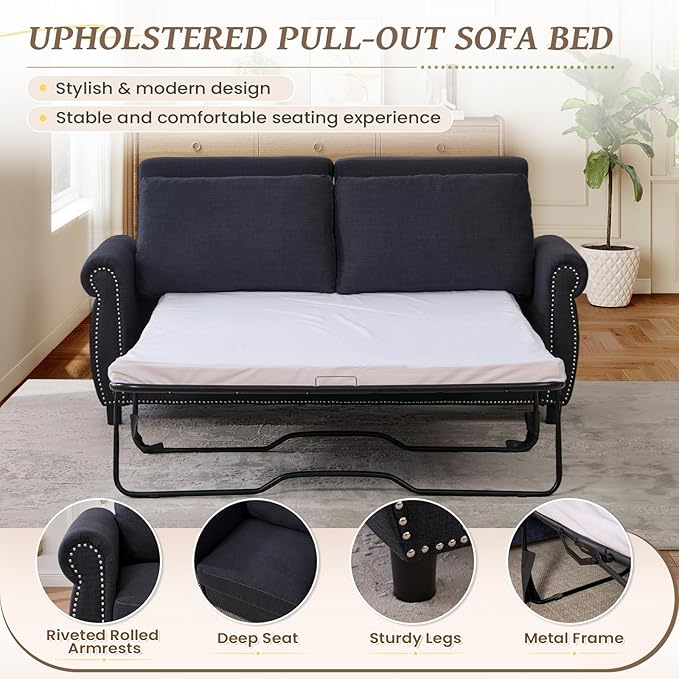 Full Size Pull Out Sofa Bed 3 in 1 Linen Convertible Loveseat Sleeper Sofa Bed with Memory Form Mattress Pull Out Couch with Nailhead Trim &amp Roll Arms for Living Room Bedroom Small Space(Grey)