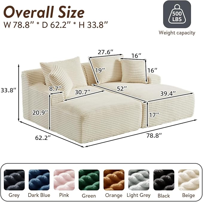 Oversized Double Chaise Lounge Chair IndoorWide Corduroy Boneless Chaise Lounges Sofa Comfy Upholstered Sectional Cloud Couch No Assembly Required Loveseat Sleeper Chair Bed for Living Room (White)
