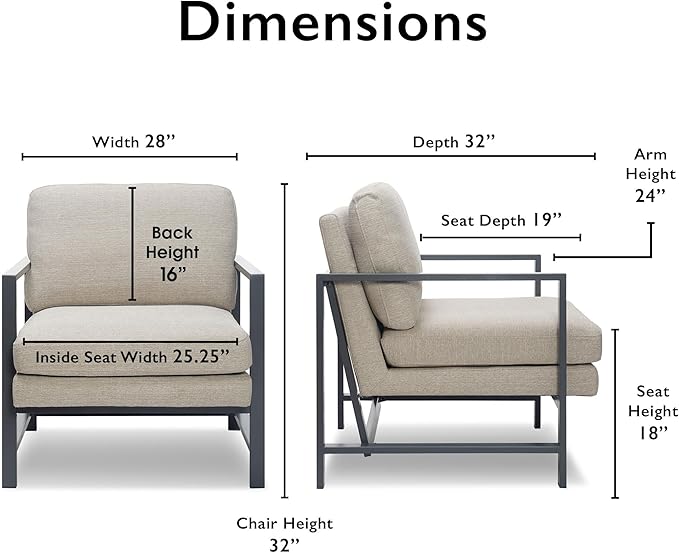 Tommy Hilfiger Russell AccentChair Medium-Soft Pillow Back Mid-Century Modern &amp Industrial Armchair Comfortable LoungeChair for Living Room Bedroom or Office Gray Square Metal Frame in Linen
