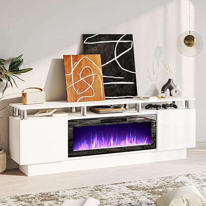 70 Modern Fireplace TV Stand with 36 Electric Fireplace for TVs Up to 80 inch Luxury LED Light Entertainment Center with High Gloss Cabinet TV Consoles for Living Room White