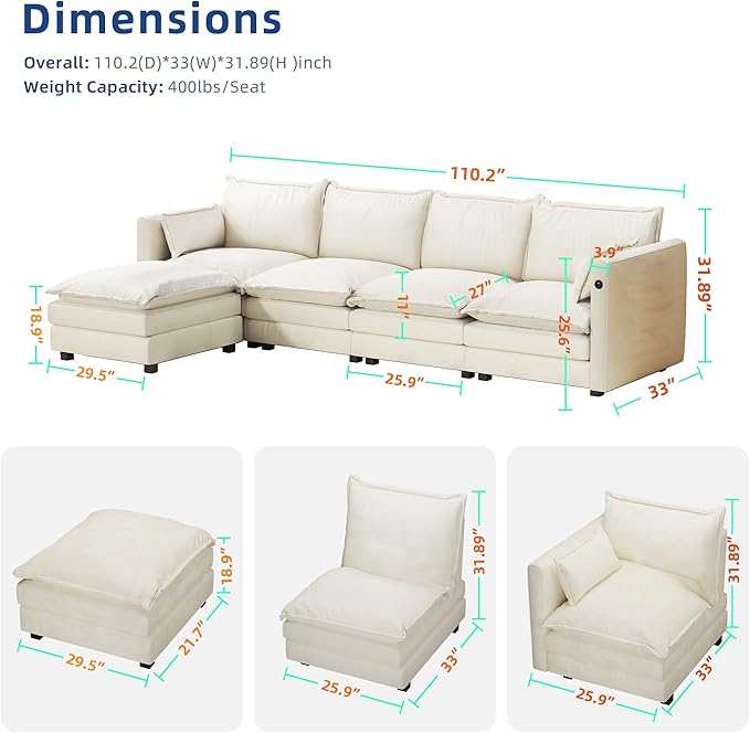 DYHOME l Shaped Sectional Couch with Padded Armrests Modern Modular Sectional Sofa 4 Seat with USB/Type-C Charging Port 27 Inch Deep Seat Chenille Cloud Couch with 6 Pillow for Living Room Bedroom