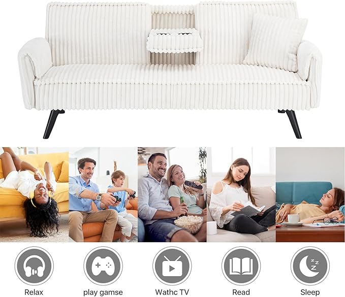 Futon Sofa Bed Modern Folding Couch for Small Space 72'' Corduroy Convertible Loveseat Sleeper Bed Daybed Recliner Lounge Sofas for Living Room2 Cup HoldersMetal LegsRemovable Armrests (White I)