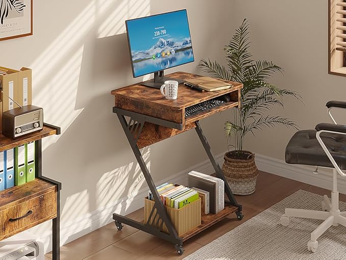 ALISENED 2 Tier Computer Desk with Keyboard Tray 23.6 Home Office Desk Computer Workstation Rolling Study PC Laptop Table for Small SpacesZ-Shaped Small Compact Study Table