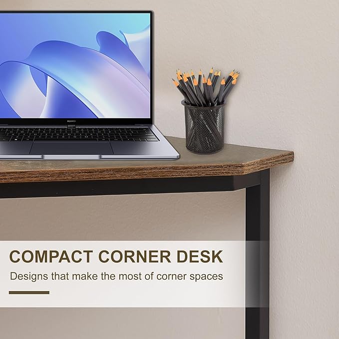 VECELO Corner DeskOffice Tables for Living Room for Small Space Triangle Computer Desk with Steel Frame Corner Shelves with Metal Frame Writing Desk for Workstation Classic Brown 33.1 2 Set