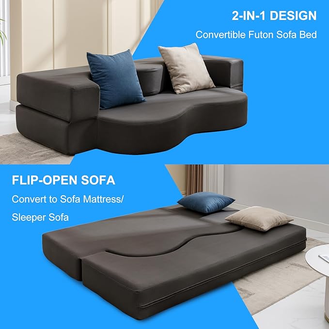 PUREMIND 77'' Folding Sofa Bed Full Convertible Floor Sofa Bed with Foam Filling 2-in-1 Fold Out Floor Sleeper Sofa Couch Leathaire Fabrics Lazy Floor Couch for Living Room Bedroom Guest Room