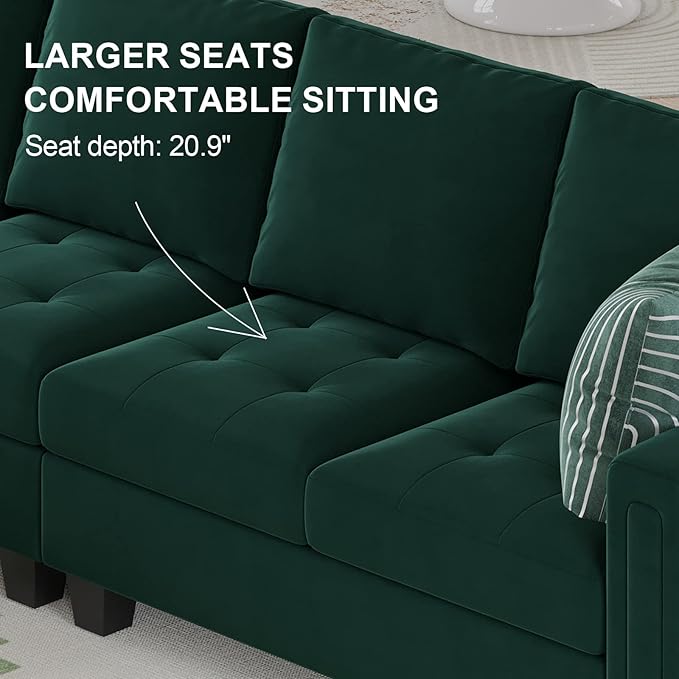 Belffin Velvet Reversible Sectional Sofa with Chaise Convertible L Shaped 4-seat Sectional Couch with Storage Ottoman Green
