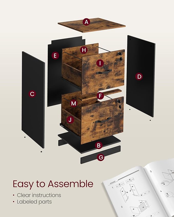 VASAGLE 2 Drawers File Cabinet with Lock Printer Stand Office Filing Cabinet Organizer for A4 and Letter Size Documents Rustic Brown and Ink Black UOFC061B01