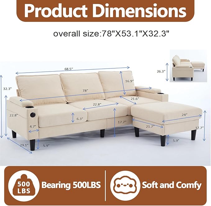 78 3 Seater Couch with Storage Ottoman/Cup Holders/USB Gray Small Sectional Couches for Living Room Cloud l Shaped Sofa for Small Spaces Apartment (Beige)