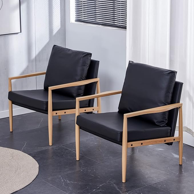 Sofa Chair.Black PU Leather Accent Arm Chair Mid Century Modern Upholstered Armchair with Imitation Solid Wood Color Metal Frame Padded Backrest and Seat Cushion Sofa Chairs for Living Room