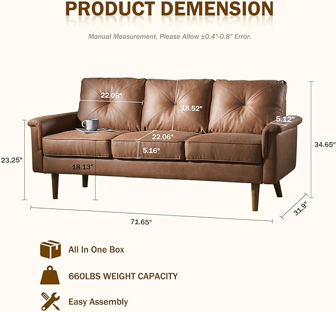 71.6 Sofa Couches for Living Room with Deep Seat 3 Seats Modern Couch for Bedroom Comfy Mid Century Modern Loveseat Sofa Couch Brown