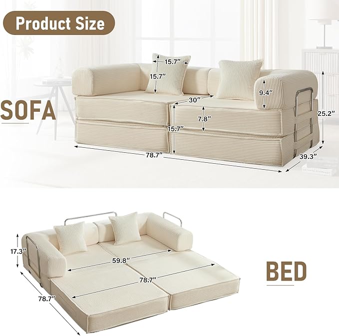 78 Convertible Sleeper Sofa Bed Modular Corduroy Couch with 2 Pillows Compressed Floor Sofa for Living Room Bedroom (Beige)