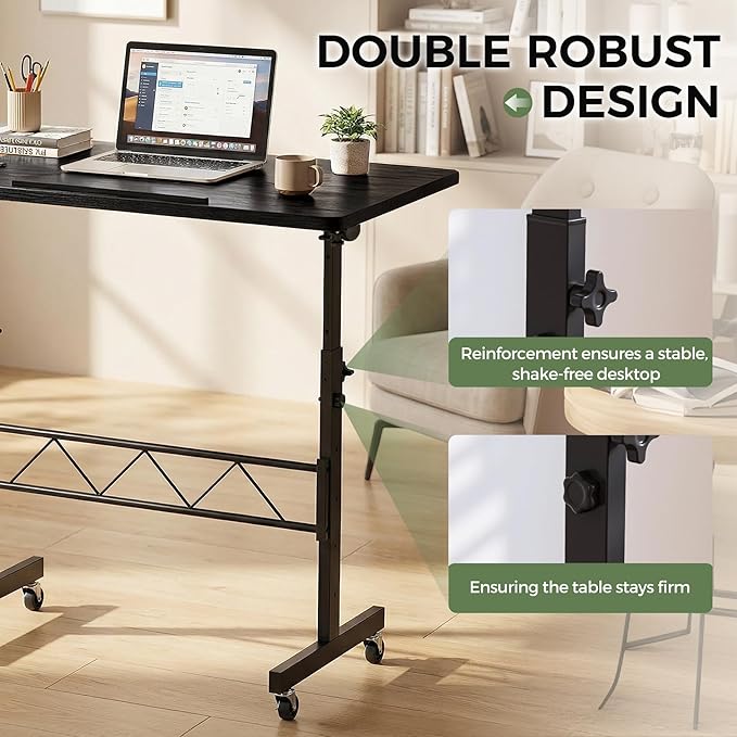 GTPLAYER Small Standing Desk Adjustable Height 30.7-46.4 Portable Computer Table Mobile Desk Workstation Stand Up Desk with Wheels Compact Rolling Table for Home Work Treadmill Walking Pad Black
