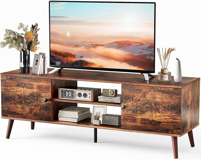 Sweetcrispy TV Stand for 55 60 inch TV Modern Mid Century Entertainment Center with Storage Media Console Table 2 Cabinet Soft Hinge Handle Door Wooden Living Room Office Furniture Rustic Brown