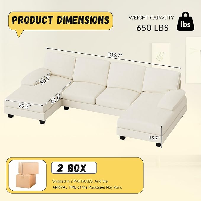 JUMMICO Sectional Couches for Living Room U Shaped Couch with Chenille Fabric 4 Seat Modern Sofa with Removable Pillows for Apartment and Small Space (Fabric White)