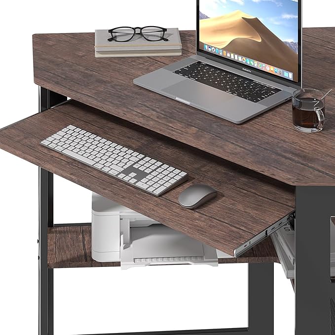 VECELO Corner Desk Computer Desk Writing Table with Smooth Keyboard Tray &amp Storage ShelvesCompact Home Office Triangle TableRustic Brown